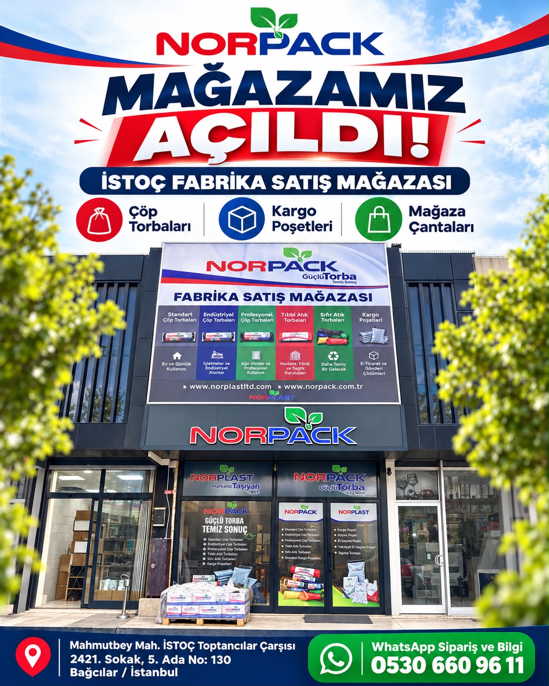 Norpack İSTOÇ Fabrika Satış Mağazası açıldı. Çöp torbaları, kargo poşetleri ve mağaza çantaları. Mahmutbey Mah. İSTOÇ Toptancılar Çarşısı 2421. Sokak 5. Ada No: 130 Bağcılar / İstanbul. WhatsApp: 0530 660 96 11